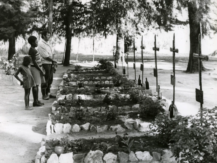 Walter Breu stands with locals at the graves of confreres killed in the conflict in Driefontein in 1980. (SMB archive) Walter Breu stands with locals at the graves of confreres killed in the conflict in Driefontein in 1980. (SMB archive)